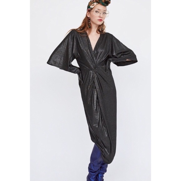 Zara Front Knot Twist Midi Metallic Black Dress - Picture 4 of 10